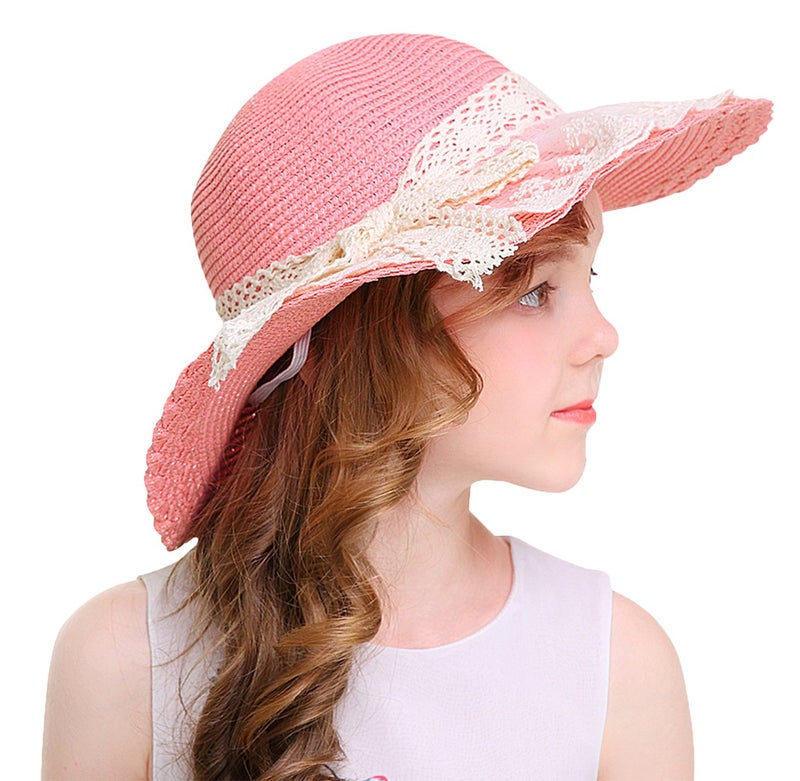 Bienvenu Little Girl Kids Summer Straw Hat Wide Brim Floppy Beach Sun Visor Hat,Pink - Image 3